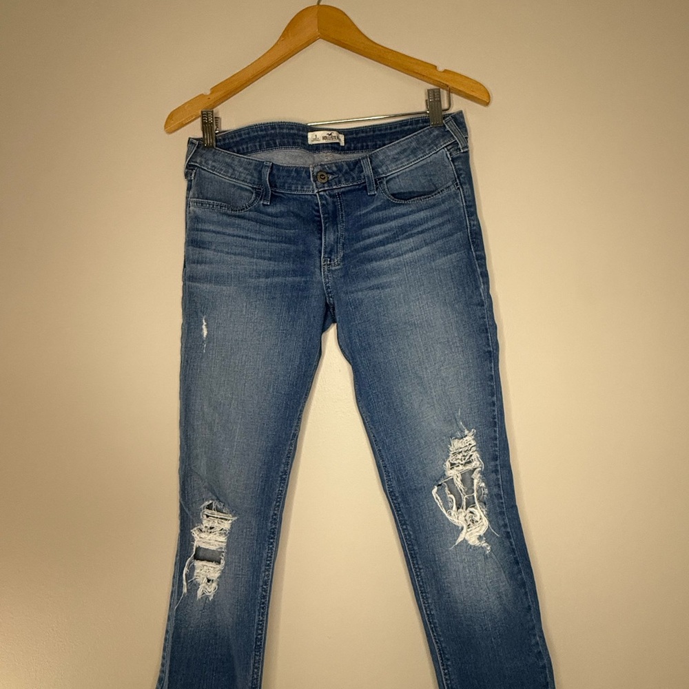 Hollister Blue Straight Leg Jeans with Distressed Details